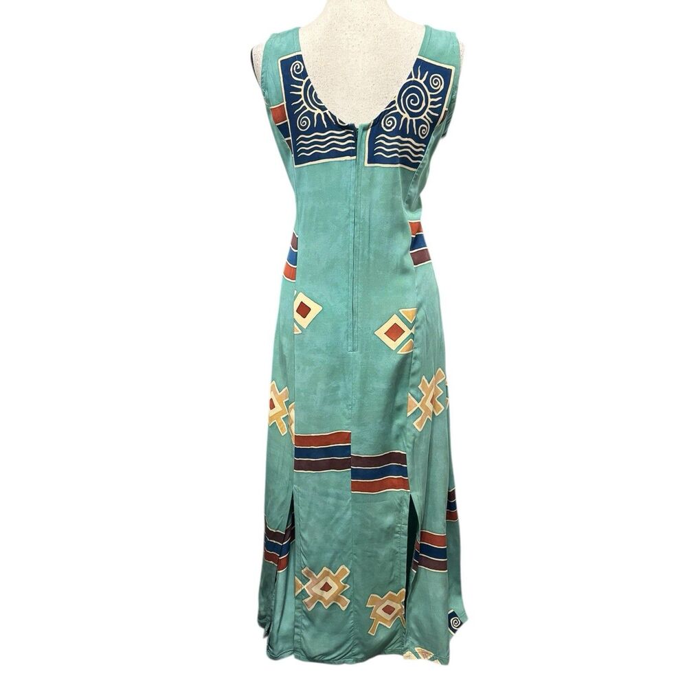 Bali Batiks Aztec Print Maxi Dress Sz M Aqua Green 4-Slit Bottom - Picture 2 of 9